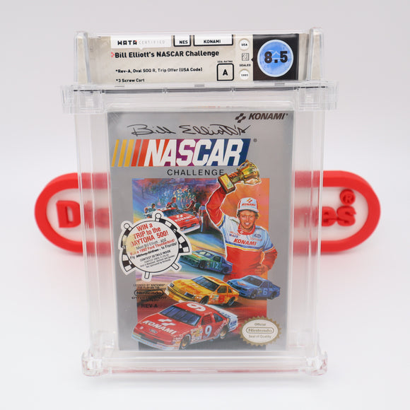 BILL ELLIOTT'S NASCAR CHALLENGE + TRIP OFFER! WATA GRADED 8.5 A! NEW & Factory Sealed with Authentic H-Seam! (NES Nintendo)