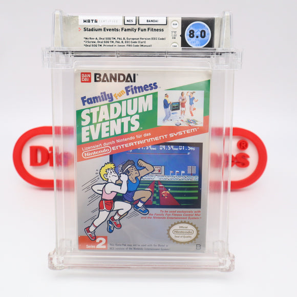 #628 - STADIUM EVENTS: FAMILY FUN FITNESS (PAL Version) - WATA GRADED 8.0 CIB (NES Nintendo) - THE DISCOUNTGAMES COLLECTION