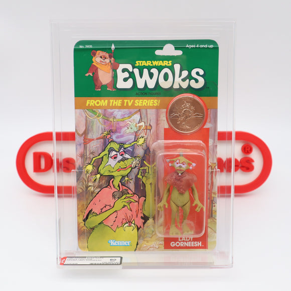 URGAH LADY GORNEESH WITH COLLECTOR'S COIN! AFA GRADED 80 NM 6 BACK - NEW Authentic & Factory Sealed! (MOC Vintage Star Wars EWOKS Figure)
