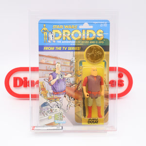 JORD DUSAT WITH COLLECTOR COIN - AFA GRADED 80 Y-NM 12 BACK - NEW Authentic & Factory Sealed! (MOC Vintage Star Wars DROIDS Figure)