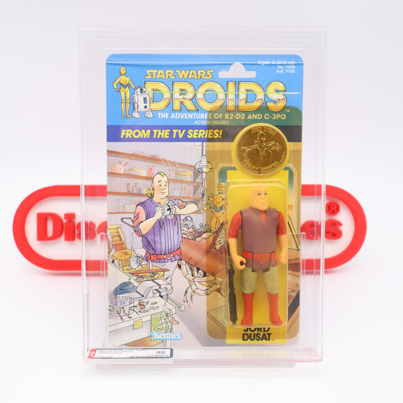 JORD DUSAT WITH COLLECTOR COIN - AFA GRADED 80 Y-NM 12 BACK - NEW Authentic & Factory Sealed! (MOC Vintage Star Wars DROIDS Figure)