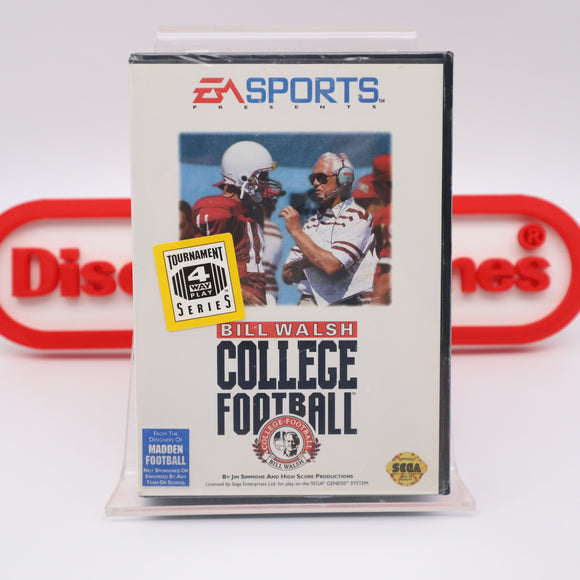 BILL WALSH COLLEGE FOOTBALL - THICK CLAMSHELL CASE & 4-WAY PLAY STICKER! NEW & Factory Sealed with Authentic V-Overlap Seam! (Sega Genesis)