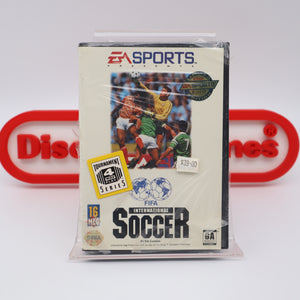 FIFA INTERNATIONAL SOCCER - THICK CLAMSHELL EA LIMITED EDITION 1ST ROUND STICKER & 4-WAY PLAY STICKER! NEW & Factory Sealed with Authentic V-Overlap Seam! (Sega Genesis)