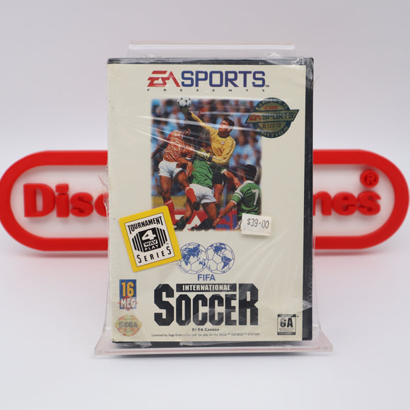 FIFA INTERNATIONAL SOCCER - THICK CLAMSHELL EA LIMITED EDITION 1ST ROUND STICKER & 4-WAY PLAY STICKER! NEW & Factory Sealed with Authentic V-Overlap Seam! (Sega Genesis)