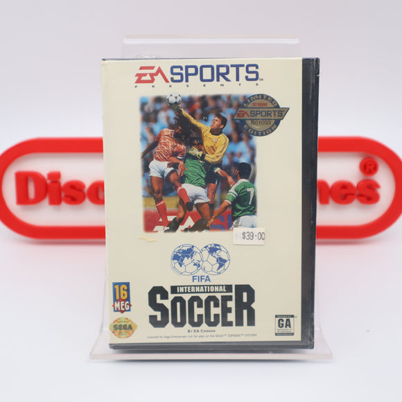 FIFA INTERNATIONAL SOCCER - THICK CLAMSHELL EA LIMITED EDITION 1ST ROUND STICKER! NEW & Factory Sealed with Authentic V-Overlap Seam! (Sega Genesis)