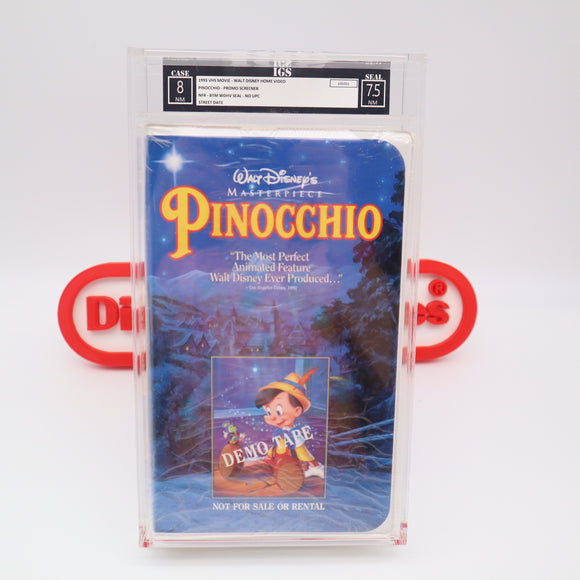 DISNEY MASTERPEICE PINOCCHIO - PROMO SCREENER / DEMO TAPE - IGS GRADED 8 BOX 7.5 SEAL! NEW & Factory Sealed! (VHS)