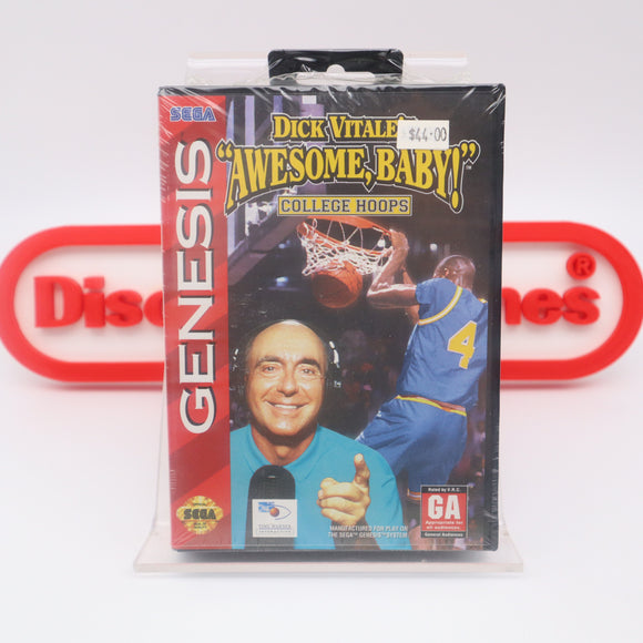 DICK VITALE'S AWSOME, BABY COLLEGE HOOPS BASKETBALL - NEW & Factory Sealed with Authentic 3-Sided Seam! (Sega Genesis)