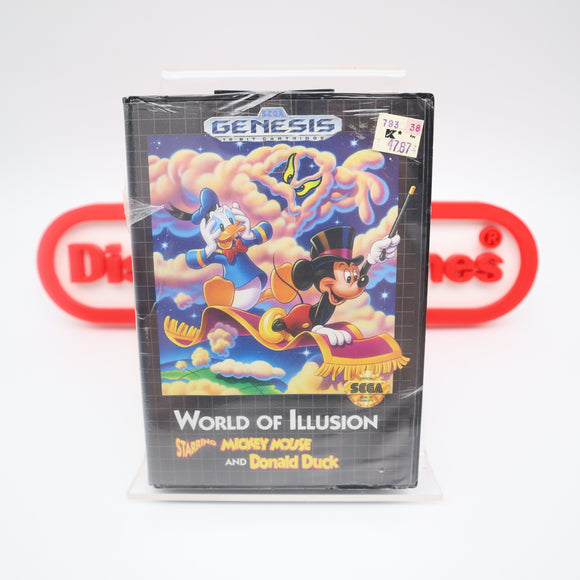 WORLD OF ILLUSION STARRING MICKEY MOUSE AND DONALD DUCK - NEW & Factory Sealed CLAMSHELL CASE with Authentic Tube Seal! (Sega Genesis)