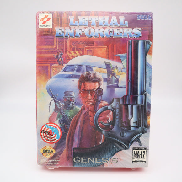 LETHAL ENFORCERS BIG BOX W/ JUSTIFIER BUNDLE! NEW & Factory Sealed with Authentic 3-Sided Seam! (Sega Genesis)