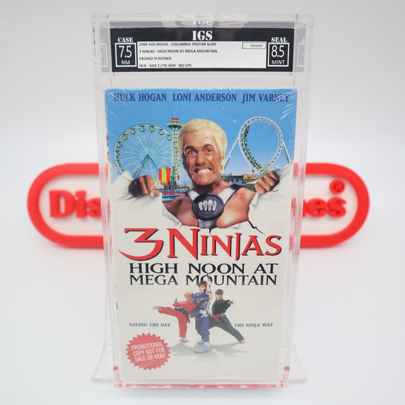 3 NINJAS: HIGH NOON AT MEGA MOUNTAIN w/ HULK HOGAN! RARE PROMO SCREENER! IGS GRADED 7.5 BOX & 8.5 SEAL! NEW & Factory Sealed with Authentic V-Overlap Seam! (VHS)