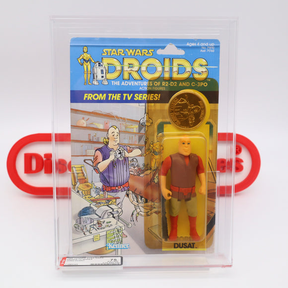 JORD DUSAT + COIN!  CAS GRADED 75 EX+/NM 12 BACK - NEW Authentic & Factory Sealed! (MOC Vintage Star Wars DROIDS Figure)